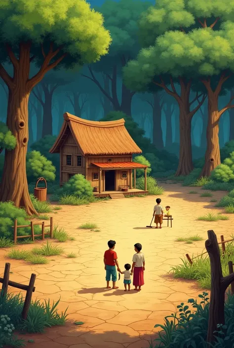 Animation cartoon Scene 1: The Village and Farmer RamuImage of a small village on the edge of a dense forest.Show a humble farmhouse with Ramu and his family working in the fields.Illustrate the barren fields with dry, cracked soil.