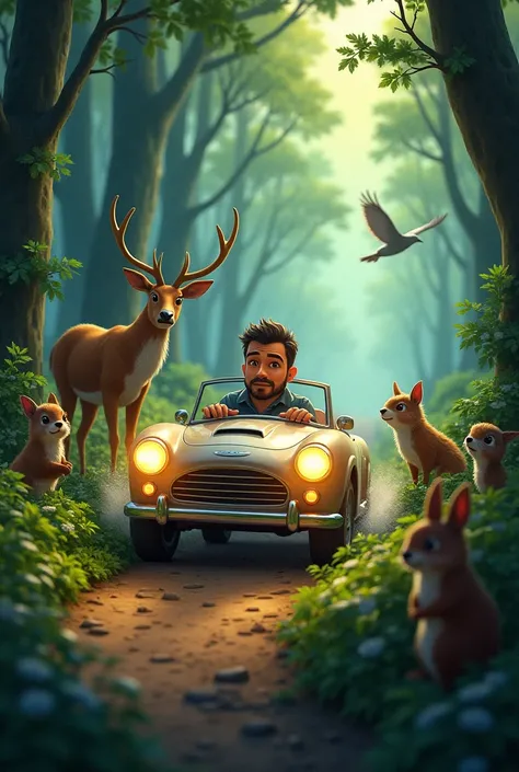 A man drives a car through a forest and all the animals look at the car in wonder