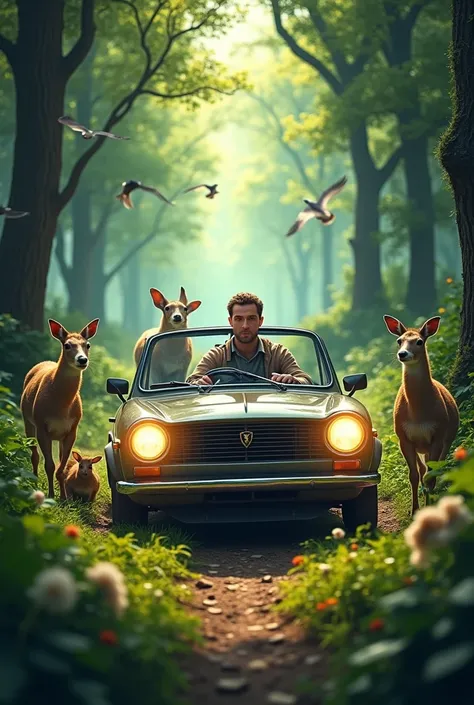 A man drives a car through a forest and all the animals look at the car in wonder