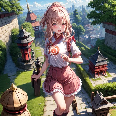 Pink Blonde、Red eyes、Wavy Hair、Hair tied up、Two cute、Checked mini skirt、black t-shirts、China、Frills、Knee-high socks、Teeth are visible、Monster Castle、Tilting face、grass、Stones are growing out of the ground.、In front of the city gates、Underground tunnels、Woo...