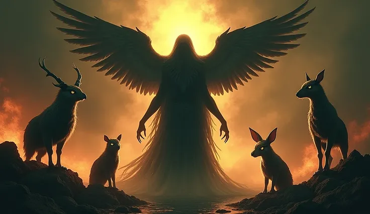 Central Image: An ominous figure of a human soul transitioning between different forms—such as a human, an owl, a goat, and a rat—symbolising the cycle of rebirth based on karma.Background: A dark and fiery backdrop representing the torments of hell, with ...