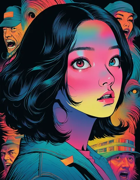 An illustration、art、70s horror movie posters, Inuki Kanako、Attention to detail, Analog Style, chromatic aberration, Surrealism、Complementary Gradient、Face distorted in fear、Large pupils、Dam at night(background)