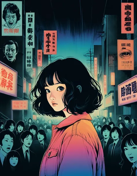 An illustration、art、70s horror movie posters, Inuki Kanako、Attention to detail, Analog Style, chromatic aberration, Surrealism、Complementary Gradient、Face distorted in fear、Large pupils、Dam at night(background)