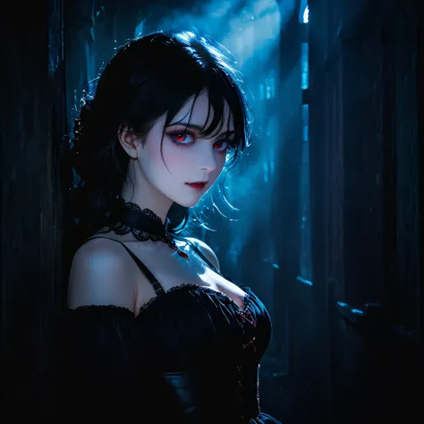 Award-winning RAW color photo of the Victorian vampire Cherrynobodysd15+ Wearing black dress with leather corset, A village shrouded in darkness, The ominous dark premonition of the night, mist, moonlight, Vivid and charming eyes, pale skin, (black hair)+,...