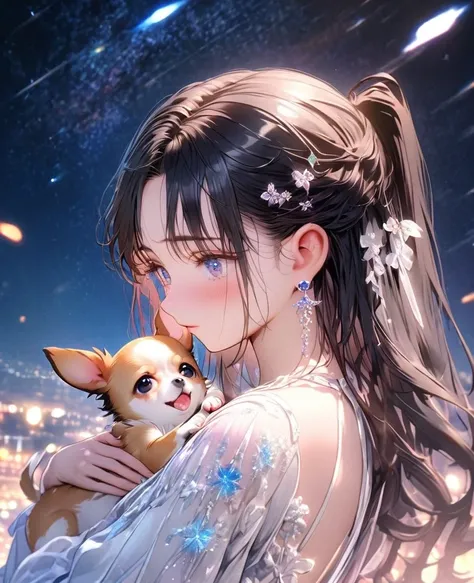 8k,Ephemeral beauty，Very delicate and beautiful,Beautiful and realistic skin,Shiny Hair,Black Hair、Long and colorful hair,Beautiful Eyes,Beautiful night sky、shy、Hair is half-up without any hair accessories、small jewel pin、No earrings、No piercing、Shy、Beauti...