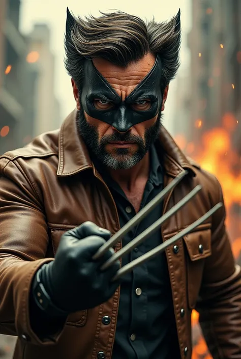 Henry Cavill As Wolverine with long adamantium claws
in a  Xmen 
Tan Brown Wolverine suit  with Wolverine Mask
