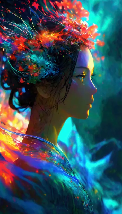 high quality, 8K Ultra HD, generate a vibrant canvas illuminated by a cascade of colorful and iridescent bioluminescence, forming the silhouette of a captivating Chinese woman, The dynamic lines and patterns, reminiscent of a biological dance, weave togeth...