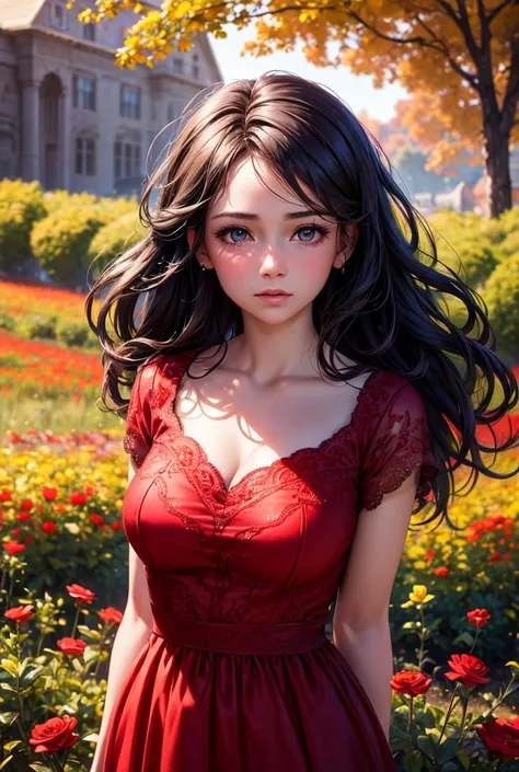 a girl in a red dress, , beautiful detailed eyes, beautiful detailed lips, extremely detailed face, long eyelashes, cute, innocent, alone in a field of flowers, soft natural lighting, vibrant colors, cinematic composition, fantasy, dreamy, ethereal, (best ...