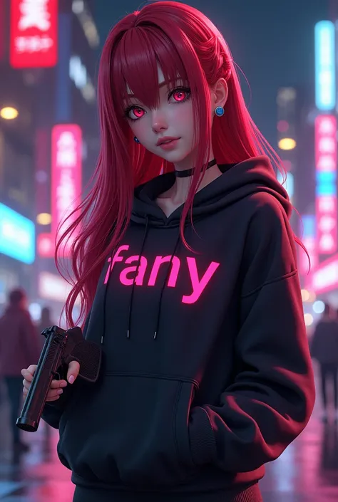 Create a character anime {{background: capital text:“GLBK”, night city}}, 
tanned skin, realistic, HDR, beautiful, japan style, full body, use piastol, age 20, hoodie HD text: “FANY”, female, red long hair