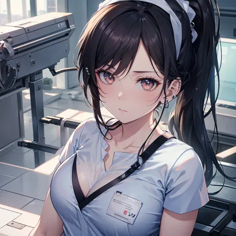 wear scrubs, White or pale blue scrub clothing, 
a nurse aide, ponytail with long dark hair, piercing gaze, and a stern expression, no cap, full body view, high resolution, detailed, anime-style illustration, beautiful black hair, almond-shaped eyes, brown...