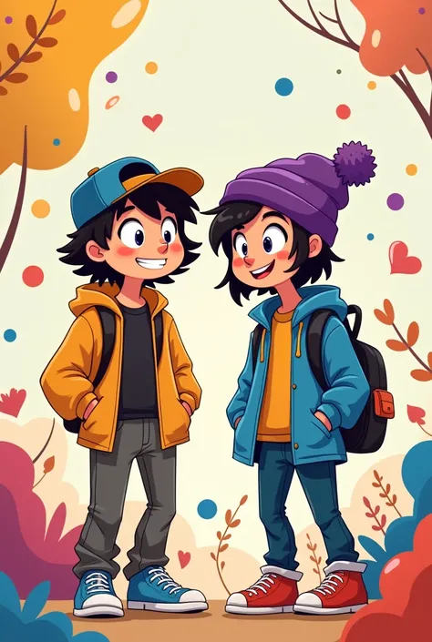 Teenagers one with a cap and the other with a purple beanie in cartoon tag