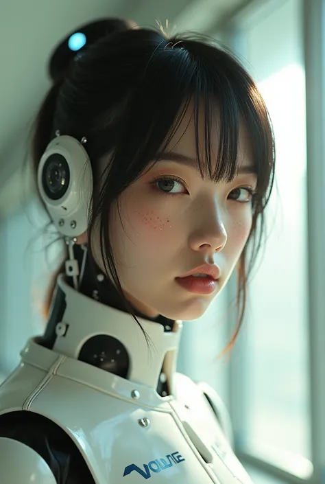 Hajime Sorayama, 90s, laboratory, fashion woman, portrait of her robot girl , freckle,HD facial features, F4, 35mm, photography, natural light , bright