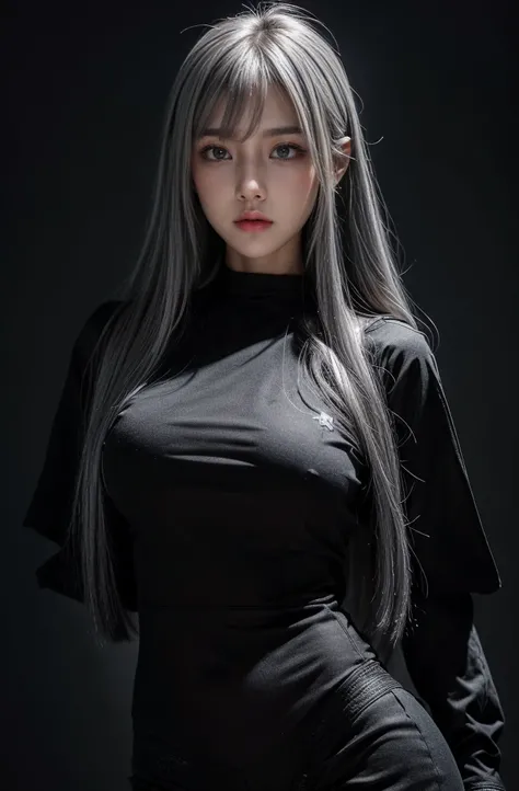 standing,Military Uniforms,pants,black military uniform,whole body,Height: 168cm,almond shape eyes,{{{{{silver eyes}}}}},{{{{{dull bangs}}}}},(slanted eyes},{{whole body},{{{1 girl}}}, long hair, straight hair,{{{{silver hair}}}},{{{tsurime}}},30 years old...