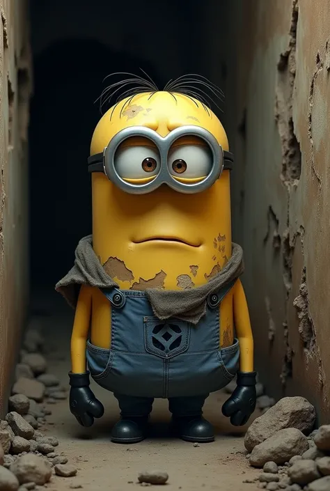 the minion kevin a person who lived a very hard life with a small house, broken and with torn clothes and very tired