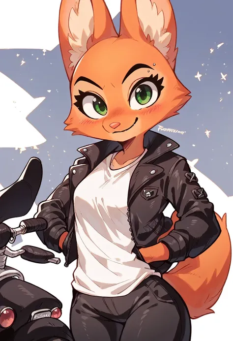 Diane Foxington, ginger fur, emerald eyes, , blush, cute look at viewer, smirk, happy, black leather jacket, white shirt, black pants, a motorbike behind, hands in jacket pockets