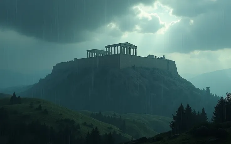 Acropolis Athens, , no people, raining, day, clouds, In the style of Makoto Shinkai。master piece, ultra detail, precision, ultra-realistic,
