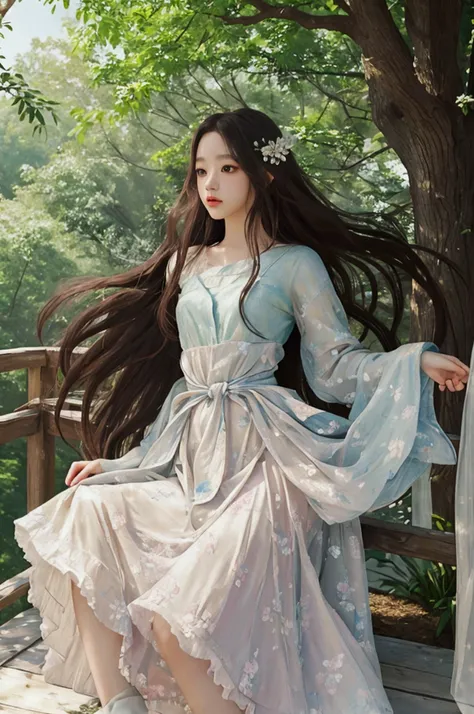 Jisoo from blackpink, girl, hair blowing in the wind, flowing dress, beautiful detailed eyes, dreamy expression, soft sunlight, artistic portrait, photorealistic, bokeh, vivid colors, creative lighting, romantic atmosphere, floral elements, ethereal beauty...