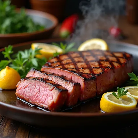 Advertisement for Japanese Kurobuta Pork Steak，Hot grilled steak，There are decorations next to it.，Reflecting freshness, Juiciness and vibrant colors