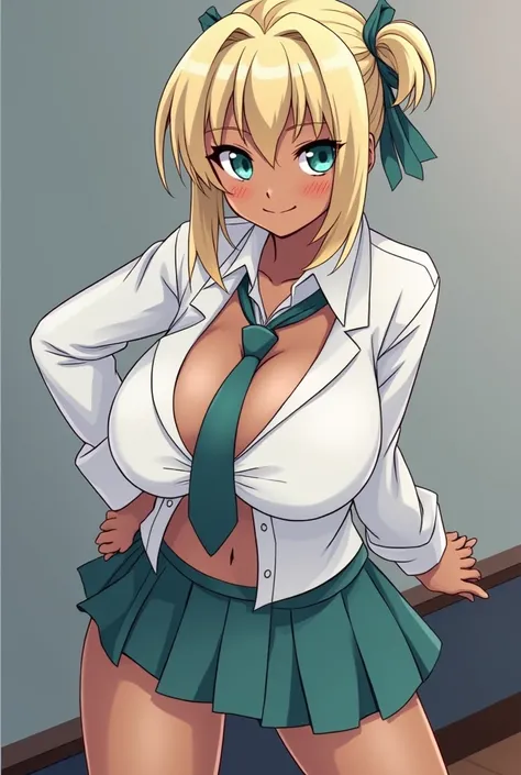 Blond hair, gyaru darkskin anime highschool girl, revealing highschool clothes, big breast, curvy body, big butt