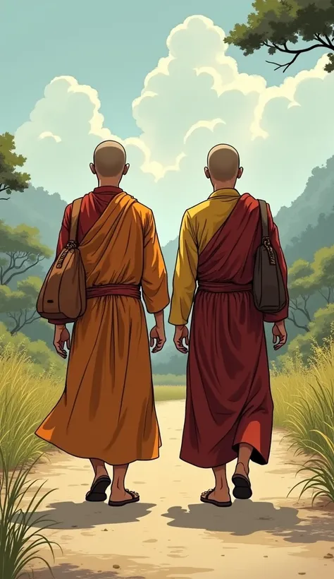 Scene: The monk and disciple walking onward, side by side, the disciple now looking more peaceful and reflective.
Character Description: Both the monk and disciple walk in harmony, with the disciple now appearing more at ease, having learned an important l...