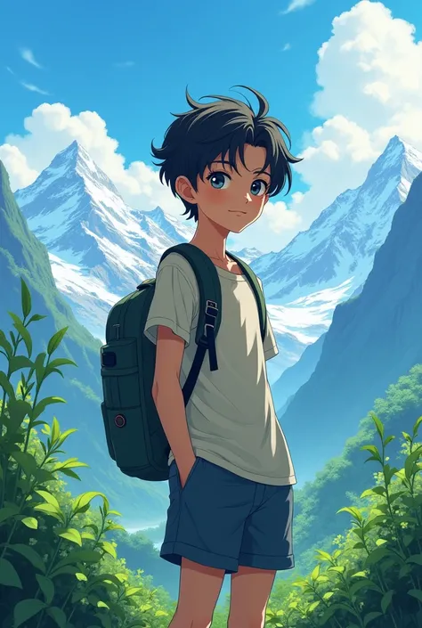 Make a profile picture for Instagram, a 14 year boy anime character background nature mountains life with name Anush in the picture 
