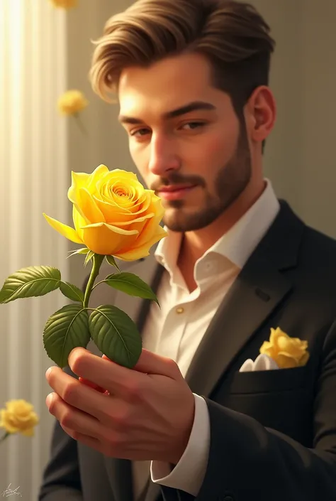  holding yellow rose in males hand