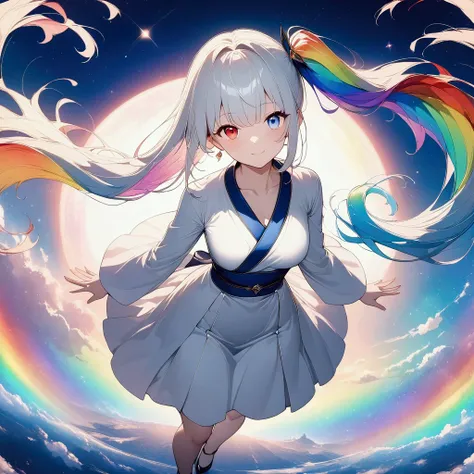 (((anime))) One Woman,Has a glass heart,Like a diamond,Light reflection Long hair,Side Ponytail,(Rainbow Hair),Bangs parted in the center,Heterochromia iridis,Red eyes,(Blue eyes),Smiling White Kimono,Blue Belt,Black Clogs Magical Sky,End of the Galaxy,Fan...