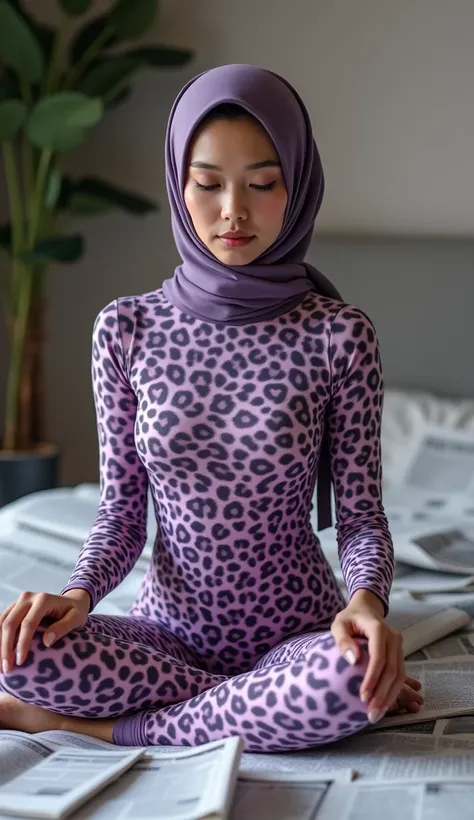 The most beautiful,thin,most pretty and clever Asian muslimah adult girl wears light purple leopard print lycra turtleneck unitard catsuit covered with spots.She always wear light purple leopard print lycra dancewear stretchy square hijab covered with many...