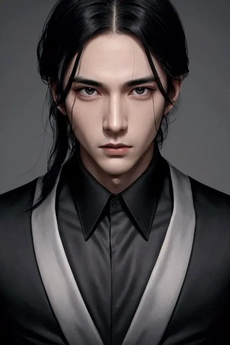 black hair, tall, 1 man, black eyes, black suit, expressionless, sexy, Sensual facial expressions, A captivating expression, broad shoulders, 2