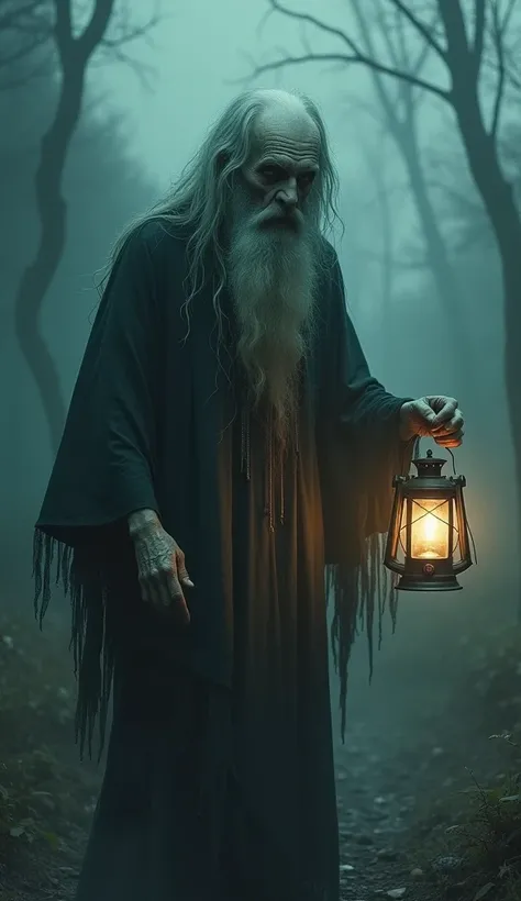 Old ghostly man with lantern with smoke from mouth