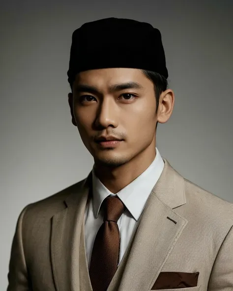 photo of a 2 Indonesian man. wearing a black skullcap. wearing a dark cream colored suit and brown tie. left oblique body pose.looking at the camera.Ultra HD photo quality. realistic and detailed photos.