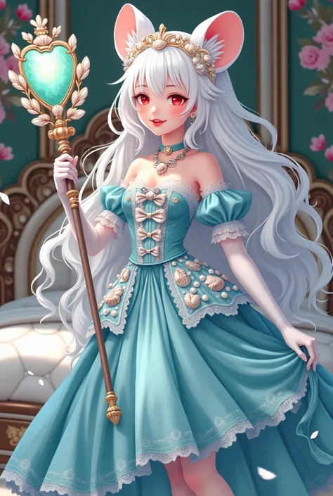 (best quality,4k,8k,highres,masterpiece:1.2), ultra-detailed, Pretty albino girl has a princess of the sea, drawn in 2D anime style, steampunk, mermaidcore fashion, wearing a iridescent turquoise princess gown with puffy sleeves, steampunk, gorgeous frilly...