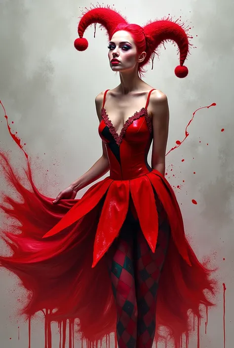 Create an image of a woman dressed as a harliquin joker against a textured, light gray background.  splashing and swirling outward in vibrant, fluid shapes. The red paint forms artistic splatters and brushstrokes, giving the illusion that the dress is bein...