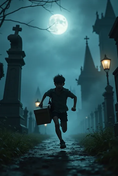 Delivery boy running from graveyard night