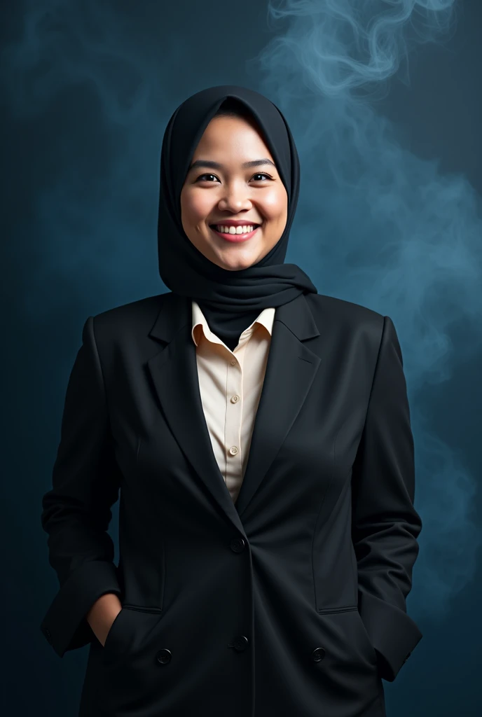 An indonesian woman wearing black suit with cream shirt, wearing hijab. Cubby, fat,  Background blue smoke photography backdrop, close up, realistic, detail UHD 8k