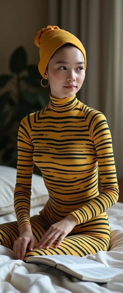 The most beautiful,thin,most pretty and clever Asian muslimah adult girl wears bee print lycra turtleneck unitard catsuit covered with stripes with a pair of insect wings.She always wear lycra dancewear stretchy square hijab.She sits on the bed and reads a...