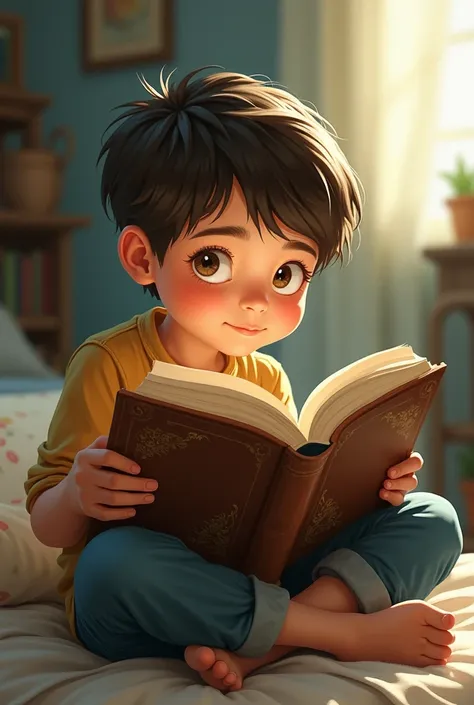 A kid reading a book,/ has a lot of imagination,/ and his having fun/, illustrated 