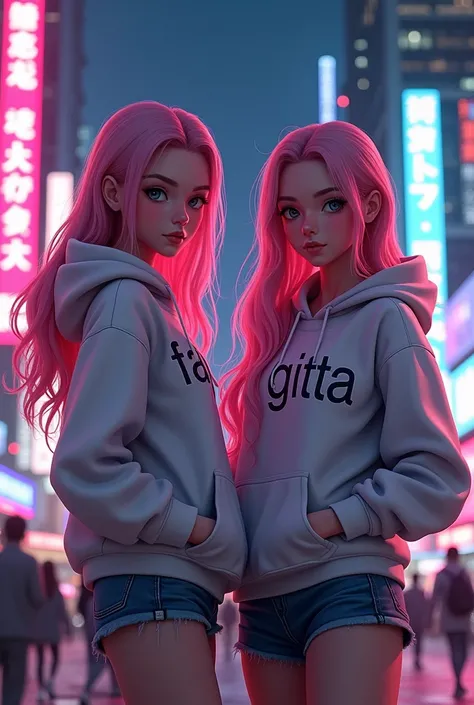 Create two character anime {{background: capital text:“GLBK”, night city}}, 
tanned skin, realistic, HDR, beautiful, japan style, full body, use piastol, age 20, character hoodie HD text 1: “fanny”, character hoodie HD text 2: “gitta”, female, long hair, c...