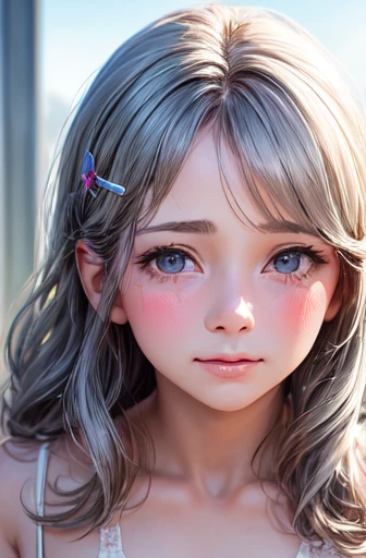 ((highest quality)), ((masterpiece)), (become familiar with), perfect face　Freelen white　lingerie . source hair .front gray hair clip,highest quality,super detailed photorealistic .from diagonally above　.from below   .please be shy　.Has a face that looks l...