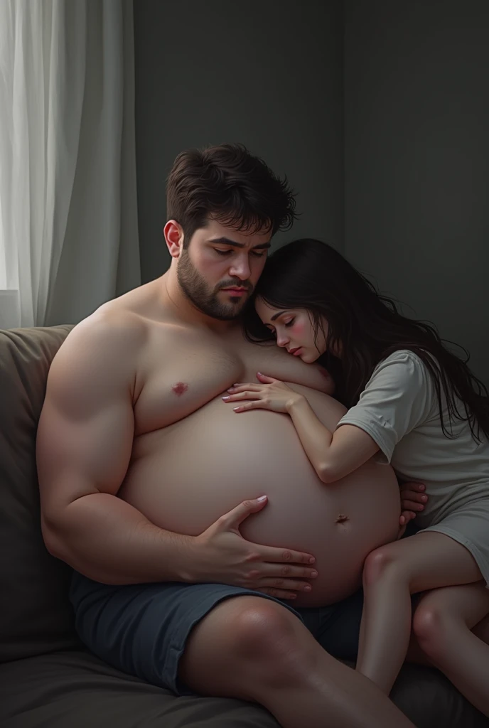 Young man with a fat belly sitting on a couch with a girl. She is hugging his big belly and trying to comfort him. He has no beard and his belly is enormous. The girl is leaning above his belly. They both look sad 

