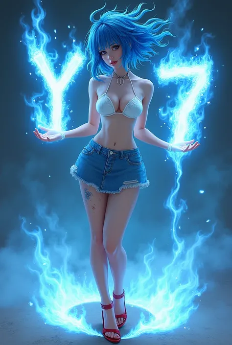 A Japanese woman with fiery blue hair, in a denim skirt, white bikini and red high heels, holding the letter Y and the number 7 of blue fire in his hands.