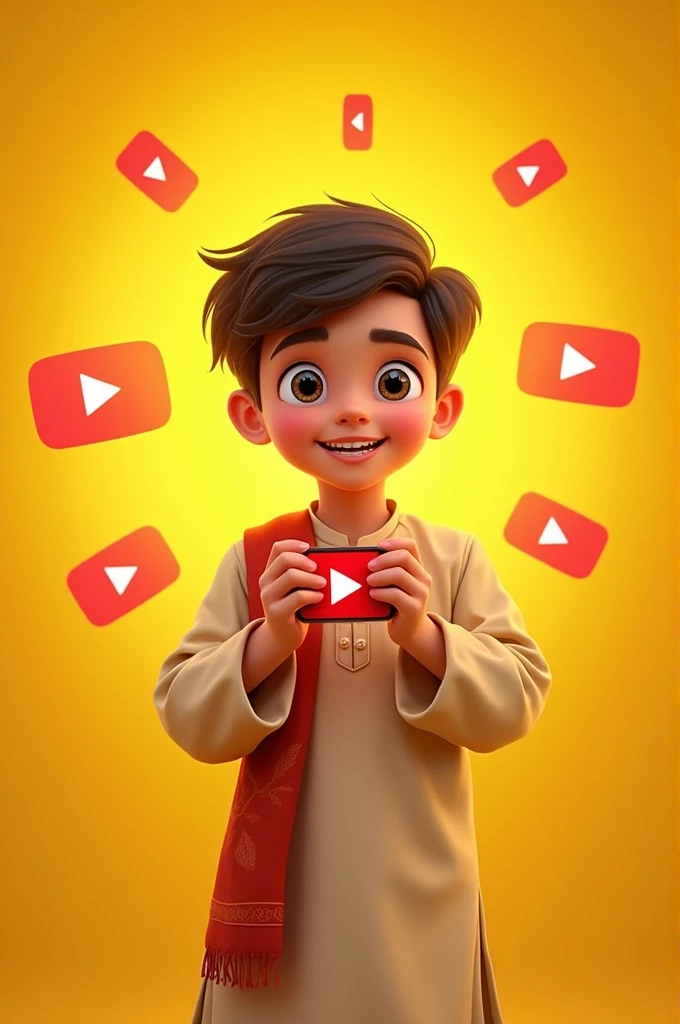 Create an image of  Pakistani boy with YouTube short and yellow background
