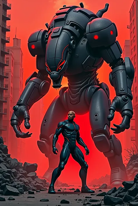 A bald African American man with a futuristic visor, sleek metallic armor, and glowing neon accents, reminiscent of Mike Mignolas style, engaged in combat with a colossal mechanical beast in a post-apocalyptic cityscape. The scene is bathed in bold red &bl...