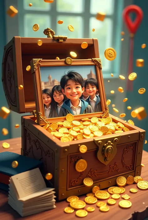 an animated opened treasure box with gold coins inside it filled with a picture frame of young students smiling in their uniforms, letters, medals and a graduation cap. 