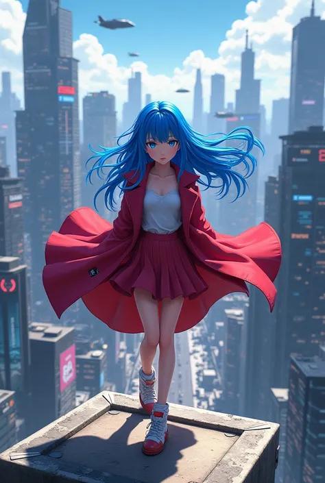 Anime girl blue hair wearing red Coat and skirt with 360° Dynamic Pose stand on Rooftop of building with cyberpunk city