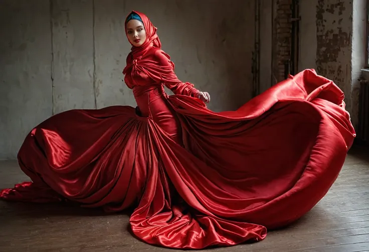 A woman shrouded in a 10-meter-long, plush red satin cloth, ballon sleeves,tight from the waist to the thighs, tightly bound and grandly draping along the form of her body, flowing off into a pooled floor-length train, styled in a mermaid-inspired outfit, ...