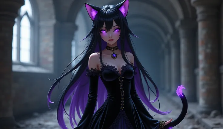 ## Description of a full-length cat-girl: 

General view: 
The cat is a girl in the Gothic style. The height is about 1.65 m. The dress is long, with patterns that shimmer when moving. 

Persons: 
- Eyes: Bright purple, with pupils like a cats. 
- Hair: Lo...