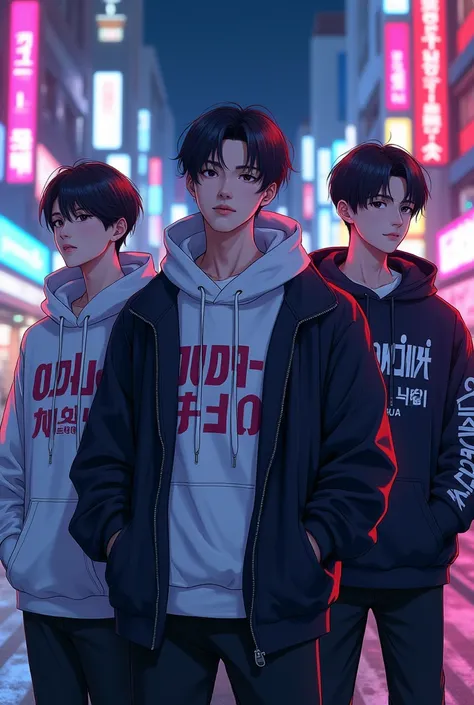 Create three anime character {{background: capital text:“GLBK”, night city}}, 
 HDR, handsome, korean style, full body, use piastol, age 20, character hoodie HD text 1: “Pras”, character hoodie HD text 2: “Nando", character hoodie HD text 3: “Doma"