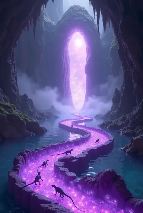 Inside a very large cave, in the center a path made of purple amethyst crystal in the middle of a temple, at the end of the path a purple crystal portal. Crystal clear water on the ground.
Foggy cave full of long-tailed reptilians walking towards the porta...