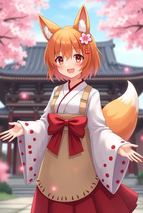 Girl with orange short hair with fox ears and tail. On the head is a hairpin in the form of a sakura flower. Dressed in a white kemano with red dotted stripes on the ends of the sleeves. with a beige apron on straps. And in a long red skirt. And on her bel...